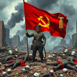 A soldier standing with authority on the ruins of a war-torn city, depicting the aftermath of a massive battle