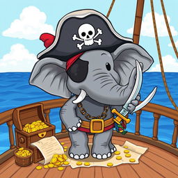 A whimsical illustration of a pirate elephant, wearing a classic tricorn hat adorned with a skull and crossbones, and a colorful eye patch