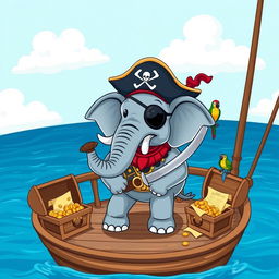 A whimsical illustration of a pirate elephant, wearing a classic tricorn hat adorned with a skull and crossbones, and a colorful eye patch