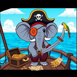 A whimsical illustration of a pirate elephant, wearing a classic tricorn hat adorned with a skull and crossbones, and a colorful eye patch