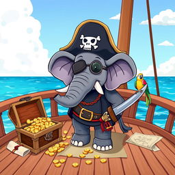 A whimsical illustration of a pirate elephant, wearing a classic tricorn hat adorned with a skull and crossbones, and a colorful eye patch