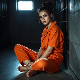 A young brunette woman with her hair styled in a bun, wearing an orange prison jumpsuit, sitting on the floor of a jail cell