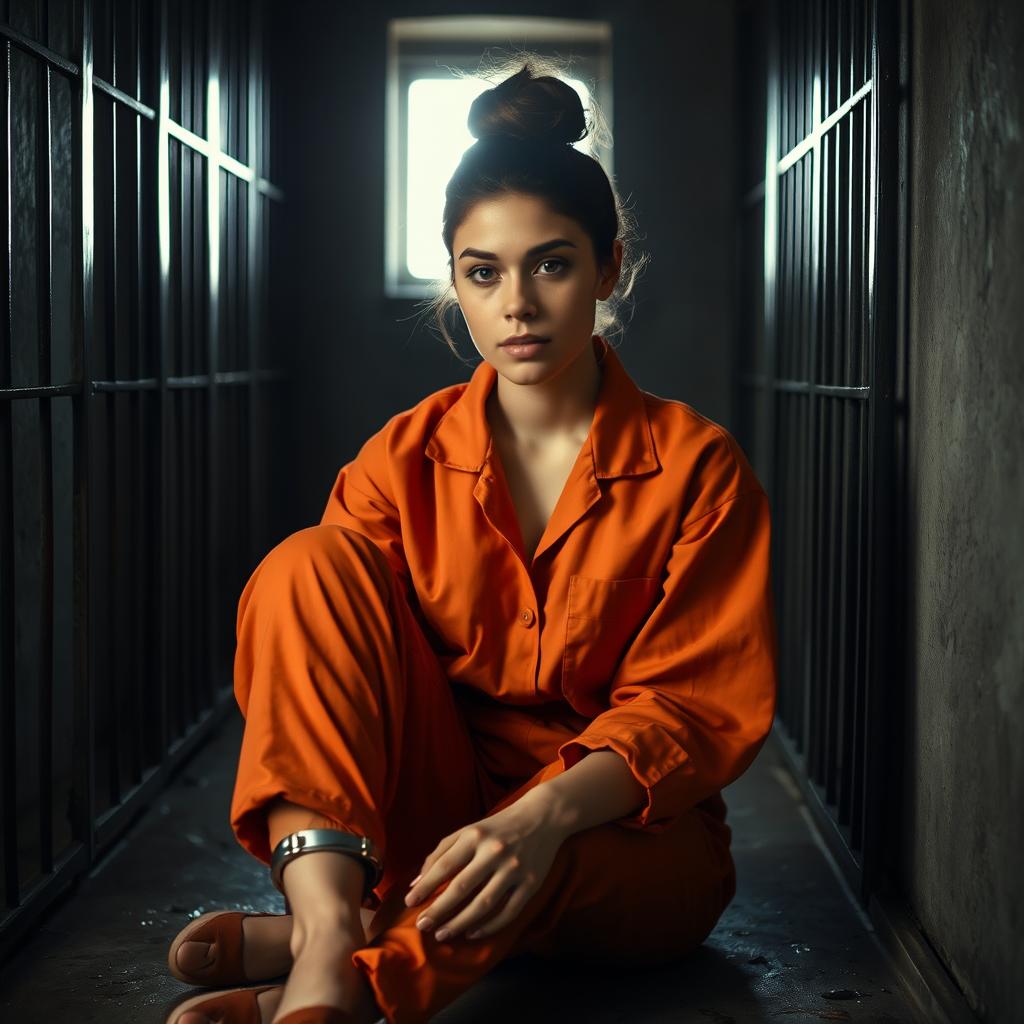 A young brunette woman with her hair styled in a bun, wearing an orange prison jumpsuit, sitting on the floor of a jail cell