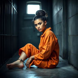 A young brunette woman with her hair styled in a bun, wearing an orange prison jumpsuit, sitting on the floor of a jail cell