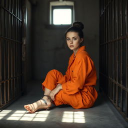 A young Russian brunette woman with her hair styled in a bun, wearing an orange prison jumpsuit, sitting on the floor of a jail cell