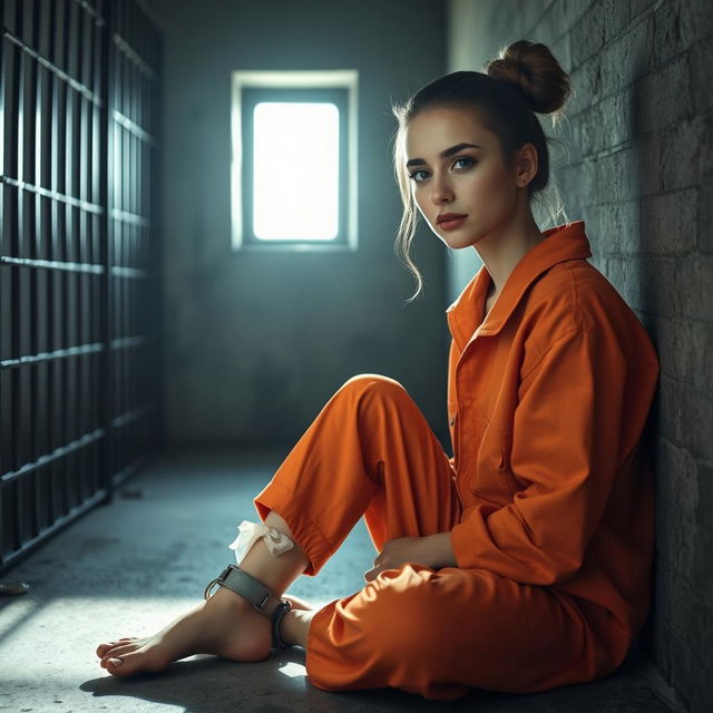 A young Russian brunette woman with her hair styled in a bun, wearing an orange prison jumpsuit, sitting on the floor of a jail cell