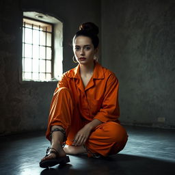 A young Russian brunette woman with her hair styled in a bun, dressed in an orange prison jumpsuit, seated on the cold floor of a jail cell