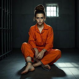A young Russian brunette woman with her hair styled in a bun, dressed in an orange prison jumpsuit, seated on the cold floor of a jail cell