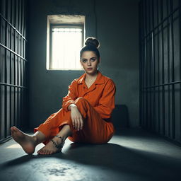 A young Russian brunette woman with her hair styled in a bun, dressed in an orange prison jumpsuit, seated on the cold floor of a jail cell