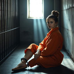 A young Russian brunette woman with her hair styled in a bun, dressed in an orange prison jumpsuit, seated on the cold floor of a jail cell