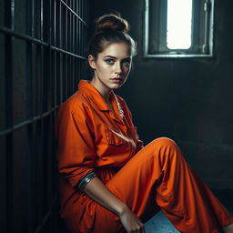 A young Russian brunette woman with her hair styled in a bun, dressed in an orange prison jumpsuit, sitting against the wall of a jail cell