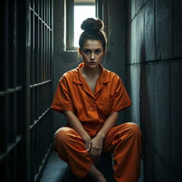 A young Russian brunette woman with her hair styled in a bun, dressed in an orange prison jumpsuit, sitting against the wall of a jail cell