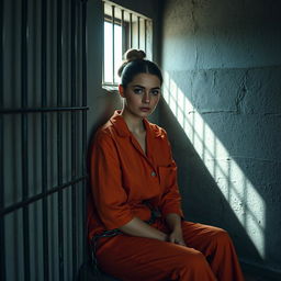 A young Russian brunette woman with her hair styled in a bun, dressed in an orange prison jumpsuit, sitting against the wall of a jail cell
