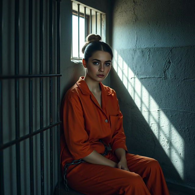 A young Russian brunette woman with her hair styled in a bun, dressed in an orange prison jumpsuit, sitting against the wall of a jail cell