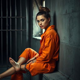 A young Russian brunette woman with her hair styled in a bun, dressed in an orange prison jumpsuit, sitting against the wall of a jail cell