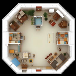 A 3D top-down view of a room with dimensions 20 feet by 22 feet. It should be effectively arranged with 24 seats in an optimal layout for human occupation.