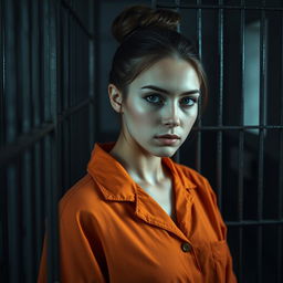 A young Russian brunette woman with her hair styled in a bun, wearing an orange prison jumpsuit, standing inside a jail cell