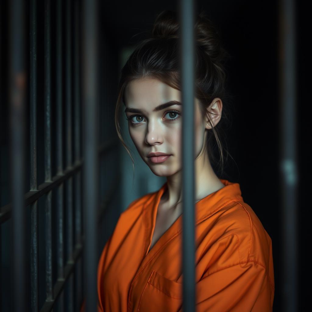 A young Russian brunette woman with her hair styled in a bun, wearing an orange prison jumpsuit, standing inside a jail cell