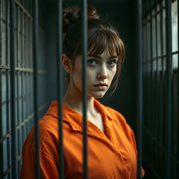 A young Russian brunette woman with her hair styled in a bun, wearing an orange prison jumpsuit, standing inside a jail cell