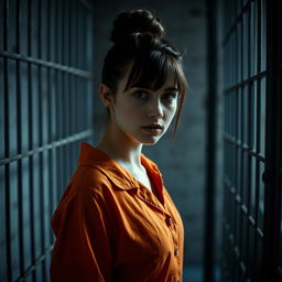 A young Russian brunette woman with her hair styled in a bun, wearing an orange prison jumpsuit, standing inside a jail cell