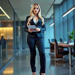 A full-length portrait of a beautiful, stunning, sexy blonde woman resembling Marina Laswick, described as plump with wide bowed hips and fat, round thick thighs