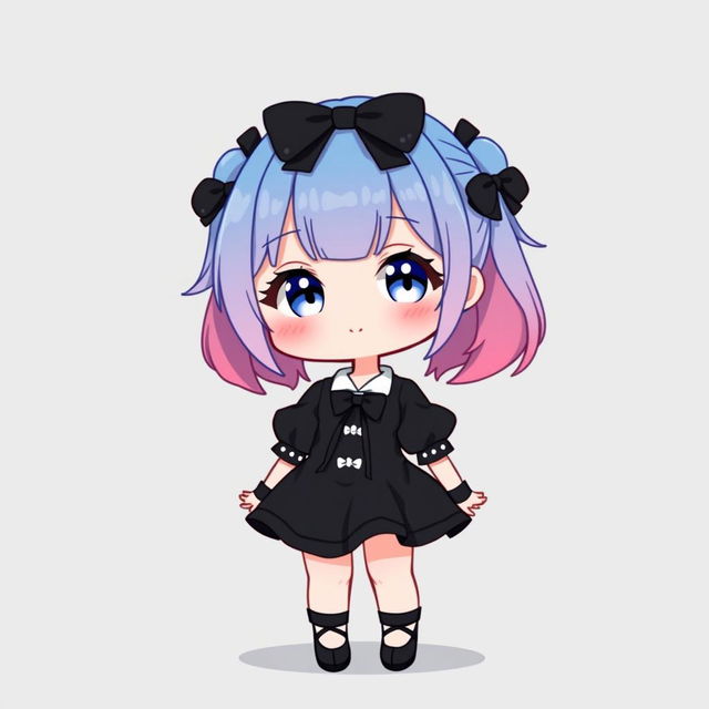 A chibi girl stands confidently, looking directly at the viewer with a closed mouth smile