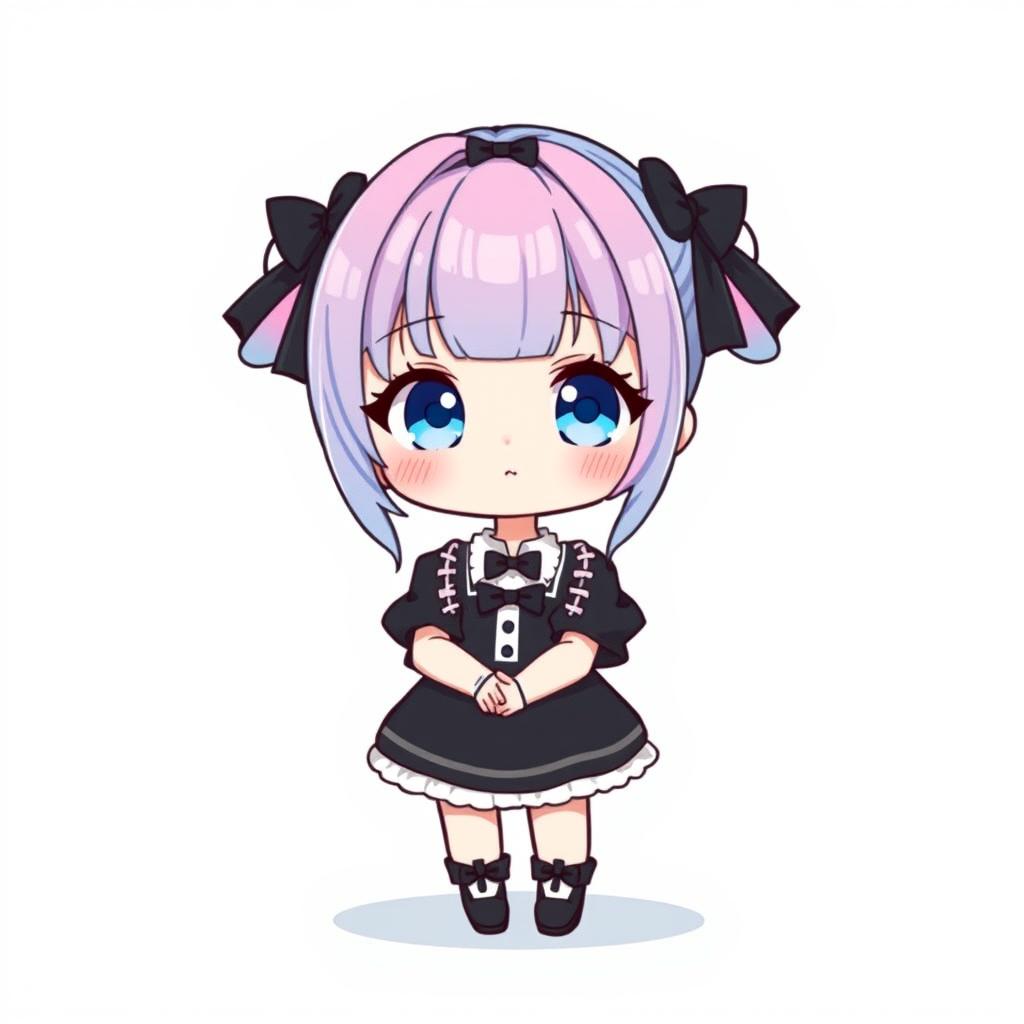 A chibi girl stands confidently, looking directly at the viewer with a closed mouth smile