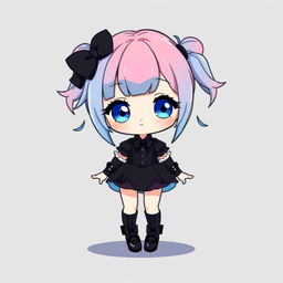 A chibi girl stands confidently, looking directly at the viewer with a closed mouth smile