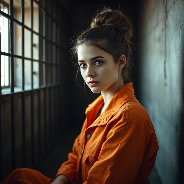 A young Russian brunette woman with her hair styled in a bun, wearing an orange prison jumpsuit with the top few buttons undone, seated on the cold floor of a jail cell