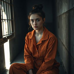 A young Russian brunette woman with her hair styled in a bun, wearing an orange prison jumpsuit with the top few buttons undone, seated on the cold floor of a jail cell