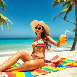 A vibrant beach scene featuring a fashionable woman wearing a stylish bikini, enjoying the sun while lounging on a colorful beach towel