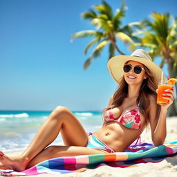 A vibrant beach scene featuring a fashionable woman wearing a stylish bikini, enjoying the sun while lounging on a colorful beach towel