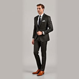 An elegant man characterized by his refined bearing and style, wearing a tailored suit that fits perfectly, made of high-quality fabric
