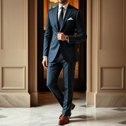 An elegant man characterized by his refined bearing and style, wearing a tailored suit that fits perfectly, made of high-quality fabric