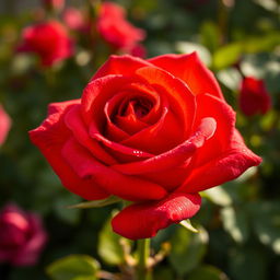 A stunning, close-up view of a vibrant, intense red rose gently opening up, showcasing its velvety petals unfurling gracefully