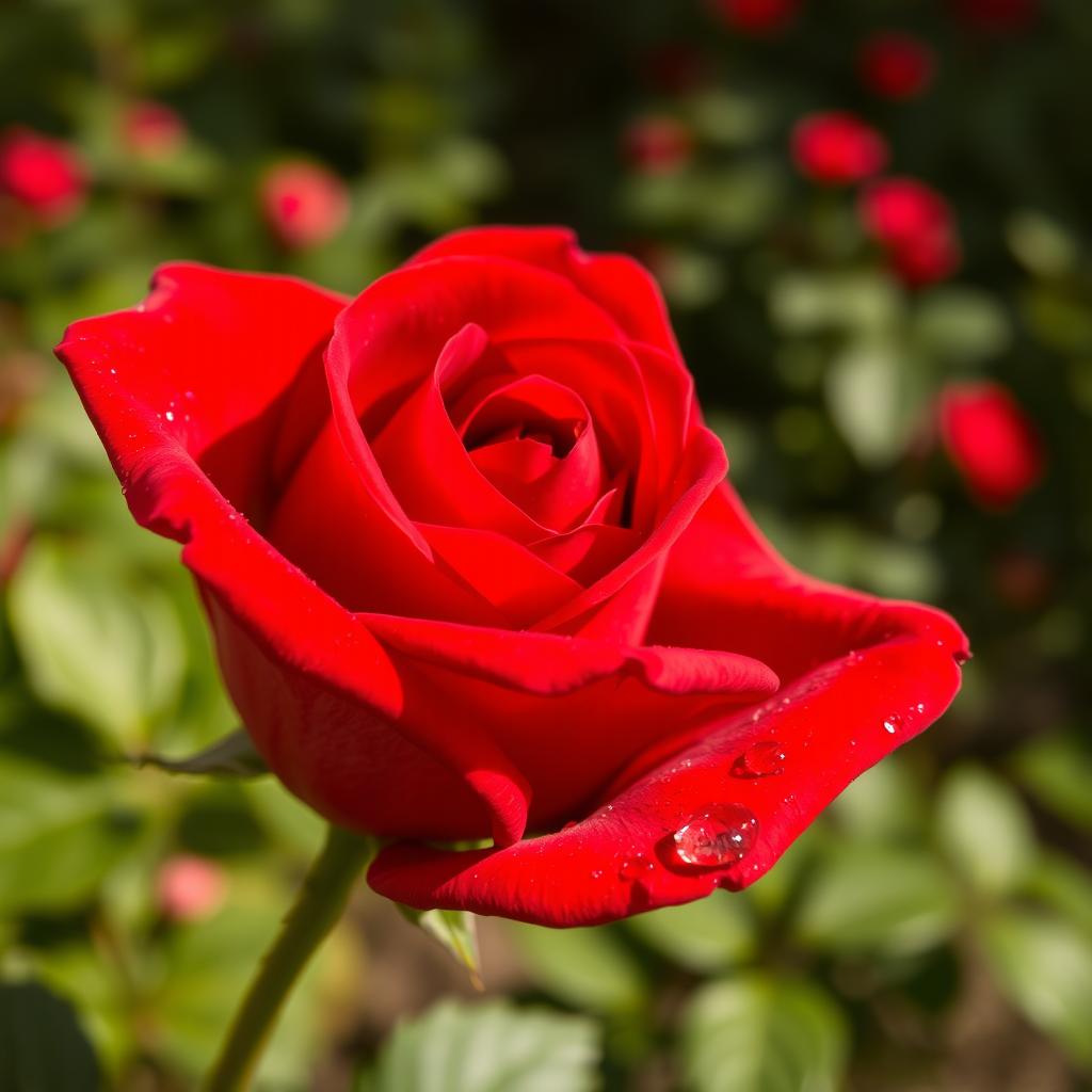 A stunning, close-up view of a vibrant, intense red rose gently opening up, showcasing its velvety petals unfurling gracefully