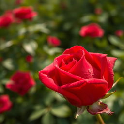A stunning, close-up view of a vibrant, intense red rose gently opening up, showcasing its velvety petals unfurling gracefully