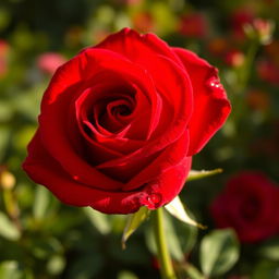 A stunning, close-up view of a vibrant, intense red rose gently opening up, showcasing its velvety petals unfurling gracefully