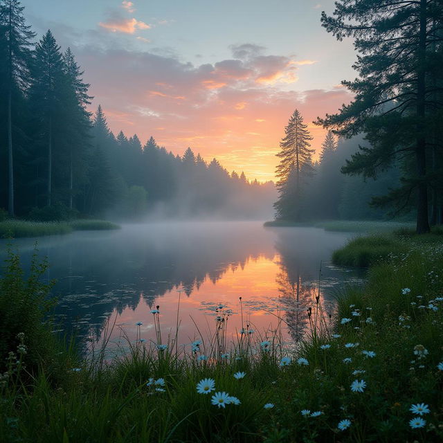 A majestic view of a tranquil forest at dusk, with the last rays of sunlight filtering through the trees