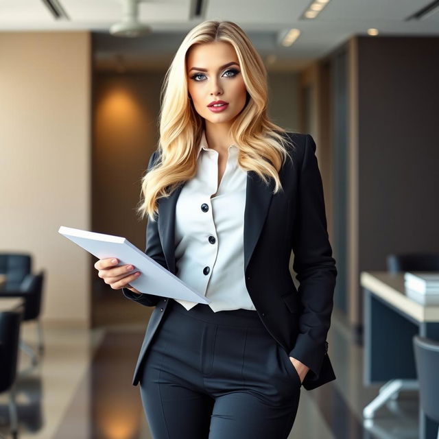 A full-length portrait of a beautiful, stunning, sexy blonde woman resembling Marina Laswick, characterized by her plump wide bowed hips, fat round thick thighs, and thick legs