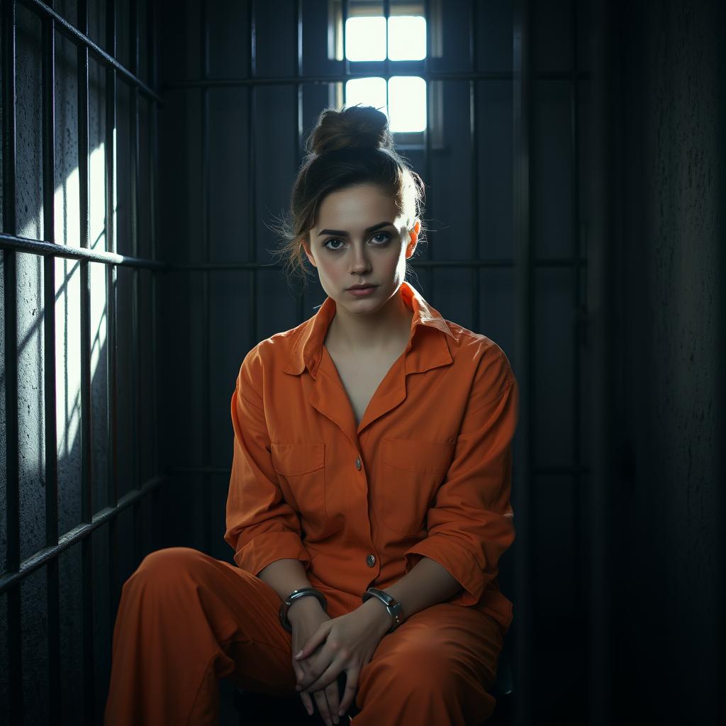 A young Russian brunette woman with her hair styled in a bun, wearing an orange prison jumpsuit with the collar unbuttoned, seated in a dimly lit jail cell