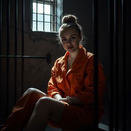 A young Russian brunette woman with her hair styled in a bun, wearing an orange prison jumpsuit with the collar unbuttoned, seated in a dimly lit jail cell
