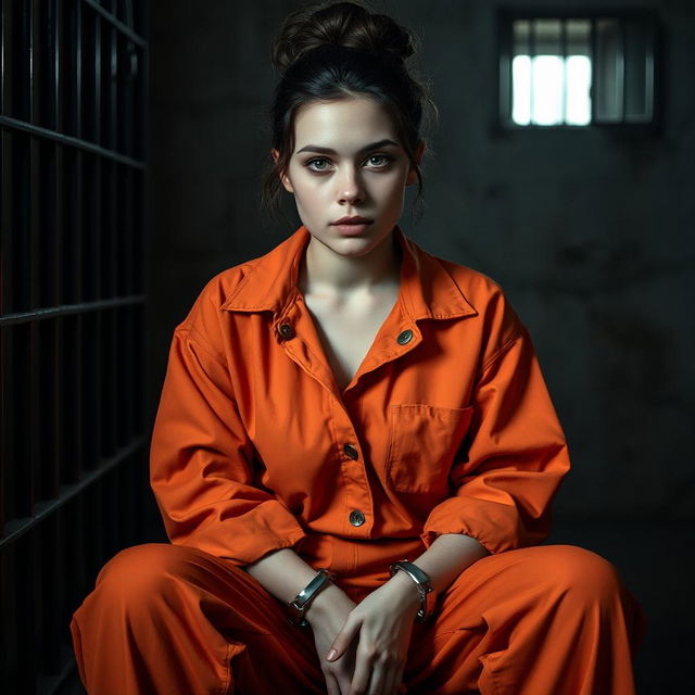 A young Russian brunette woman with her hair styled in a bun, wearing an orange prison jumpsuit with the collar unbuttoned, seated in a dimly lit jail cell