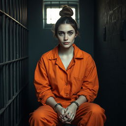 A young Russian brunette woman with her hair styled in a bun, wearing an orange prison jumpsuit with the collar unbuttoned, seated in a dimly lit jail cell