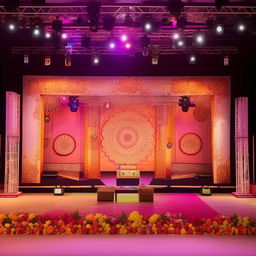 A traditional Indian stage decoration concept for a college celebration. Showcase a festive environment filled with local arts, cultural artifacts, and decorations, while maintaining an affordable budget.