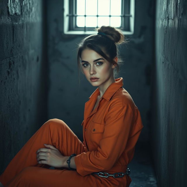 A young Russian brunette woman with her hair styled in a bun, wearing an orange prison jumpsuit with the collar unbuttoned, sitting on the floor of a jail cell with her legs chained