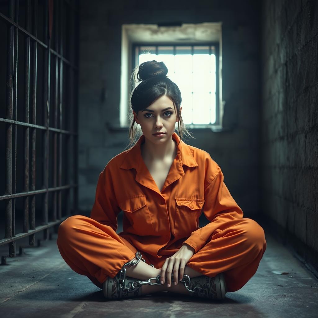 A young Russian brunette woman with her hair styled in a bun, wearing an orange prison jumpsuit with the collar unbuttoned, sitting on the floor of a jail cell with her legs chained