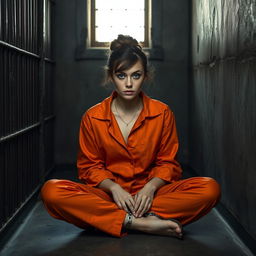 A young Russian brunette woman with her hair styled in a bun, wearing an orange prison jumpsuit with the collar unbuttoned, sitting on the floor of a jail cell with her legs chained