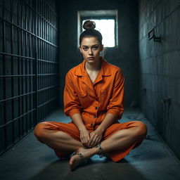 A young Russian brunette woman with her hair styled in a bun, wearing an orange prison jumpsuit with the collar unbuttoned, sitting on the floor of a jail cell with her legs chained