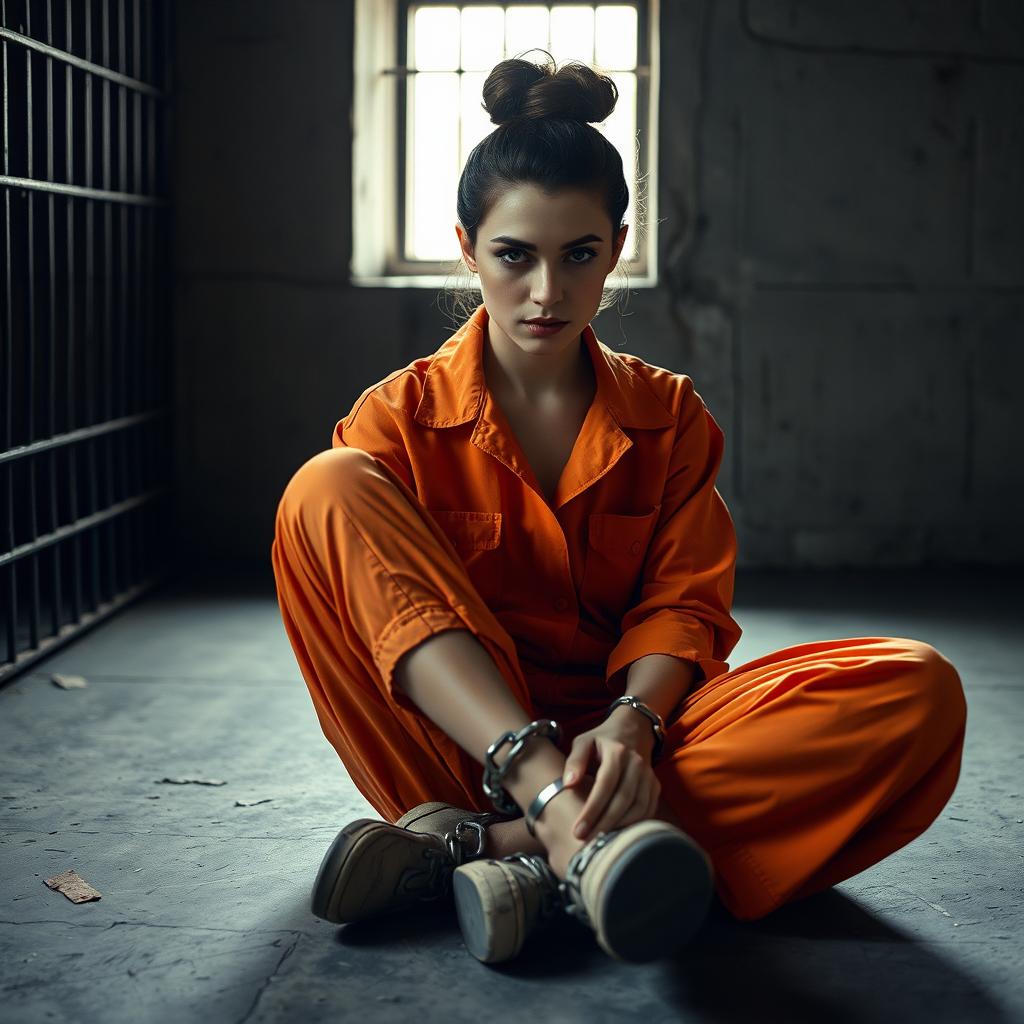 A young Russian brunette woman with her hair styled in a bun, wearing an orange prison jumpsuit with the collar unbuttoned, sitting on the floor of a jail cell with her legs chained